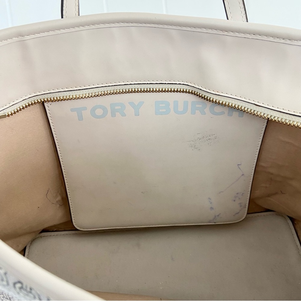 Tory Burch Gemini Link Tote Coated Canvas Double Strap Tote Designer Cream Blue - Picture 8 of 13